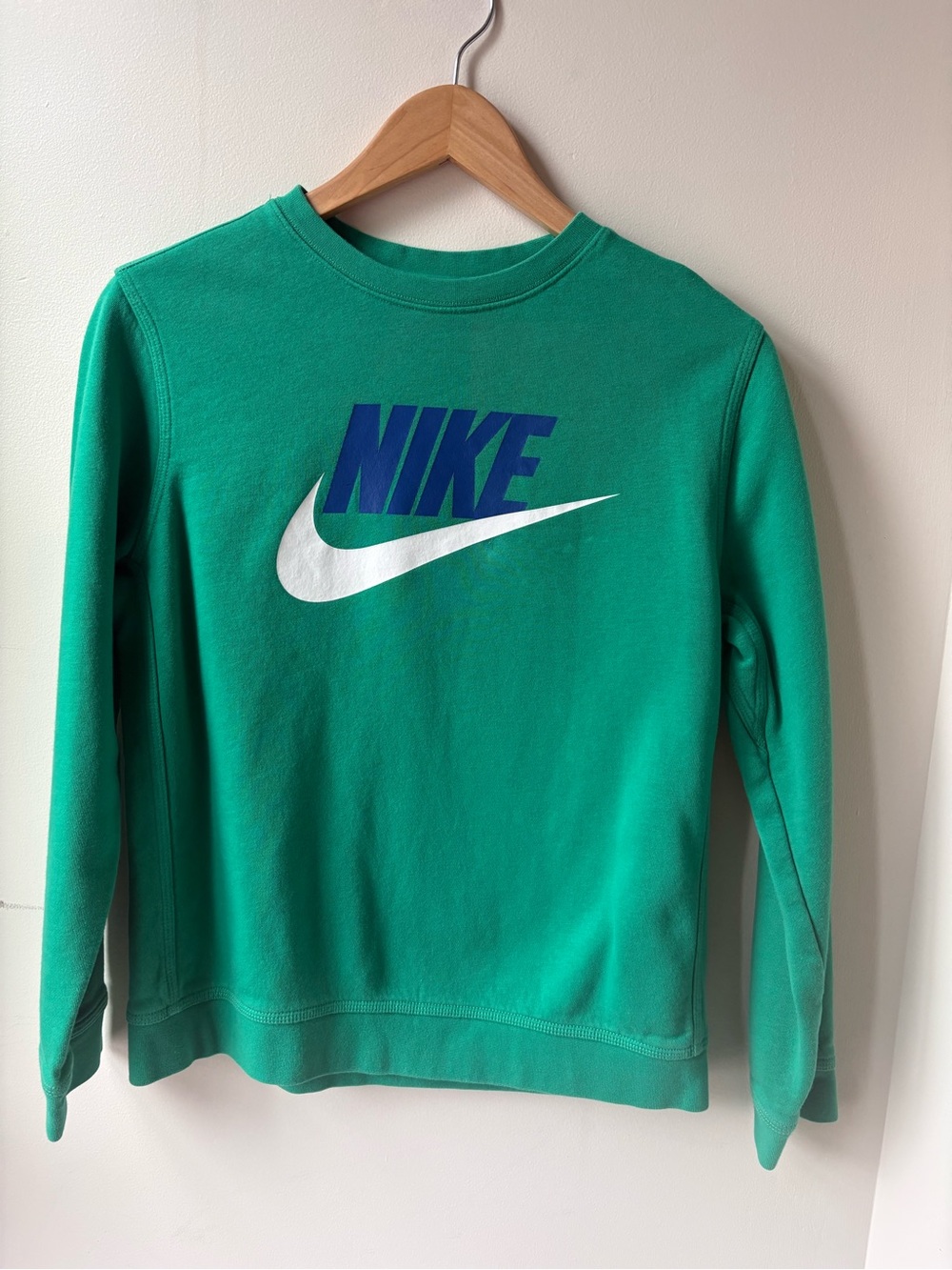 Nike Green Crewneck with Blue NIKE Logo and White Swoosh
